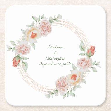 Peach Rose Pink Green Floral Gold Frame Wedding Square Paper Coaster