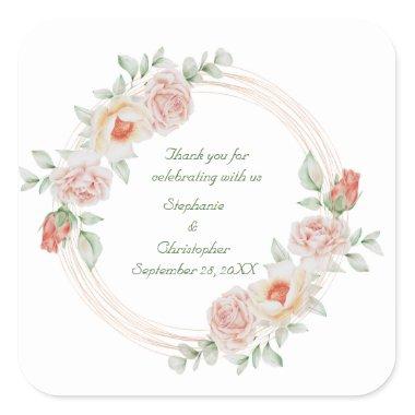 Peach Rose Pink Green Floral Gold Frame Wedding Square Sticker