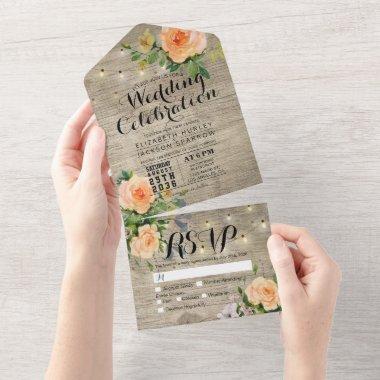 Peach Roses Rustic Wood String Lights Wedding RSVP All In One Invitations