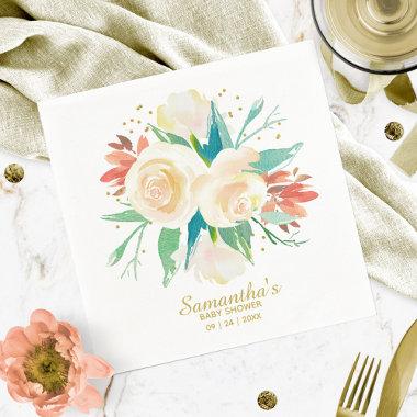 Peach Watercolor Floral Baby Shower Napkins