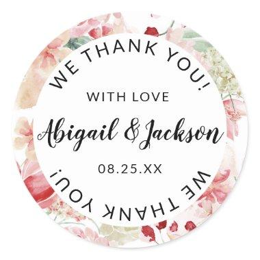 Peach Watercolor Wedding Thank You with Love Favor Classic Round Sticker