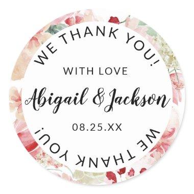 Peach Watercolor Wedding Thank You with Love Favor Classic Round Sticker
