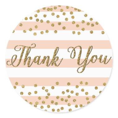 Peach White Stripe Gold Confetti Party Thank You Classic Round Sticker