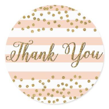 Peach White Stripe Gold Confetti Party Thank You Classic Round Sticker