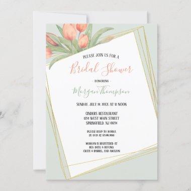 Peachy Pink & Mint Spring Tulips Bridal Shower Invitations