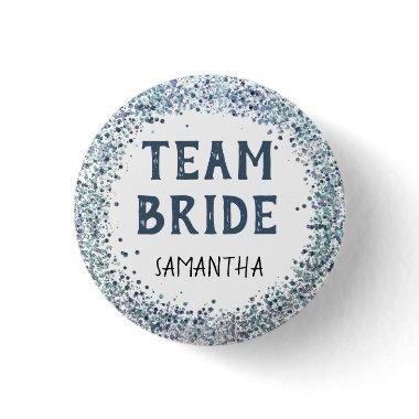 Peacock Blue Glitter Team Bride Name Button