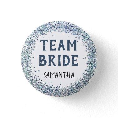 Peacock Blue Glitter Team Bride Name Button