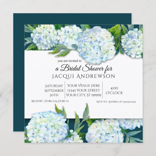 Peacock Blue White Hydrangeas Floral Bridal Shower Invitations