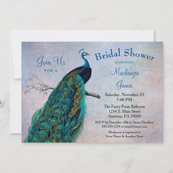 Peacock Bridal Shower Invitations Vintage Blue Bird