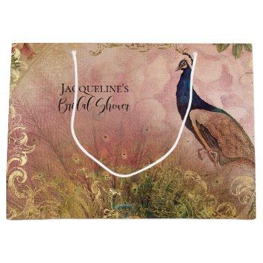 Peacock Chinoiserie Peony Floral Bridal Shower Large Gift Bag