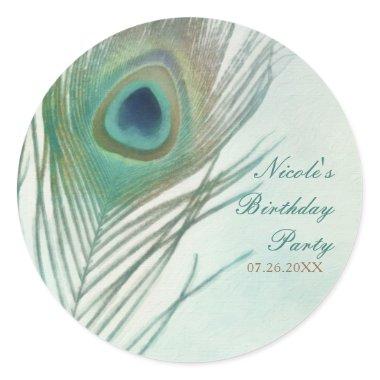 Peacock Feather Boho Chic Watercolor Party Favor Classic Round Sticker