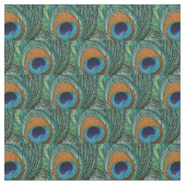 Peacock Feather Fabric - Tan Green Teal Blue Navy