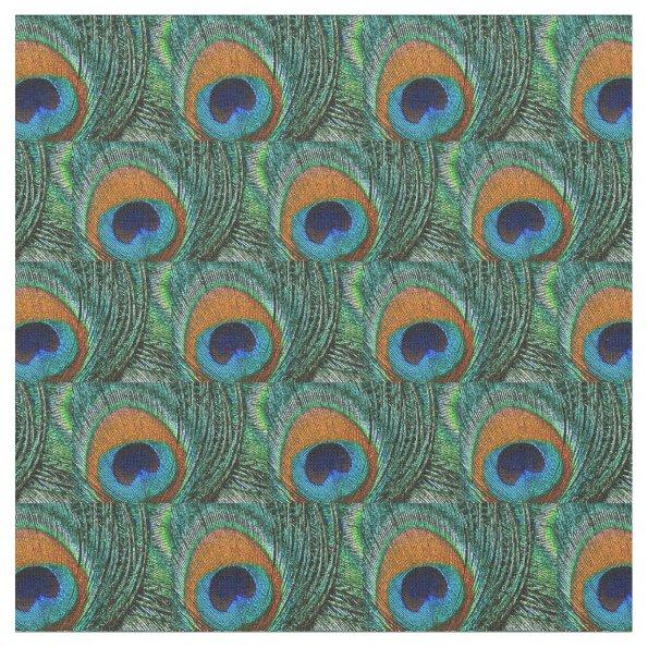 Peacock Feather Fabric - Tan Green Teal Blue Navy