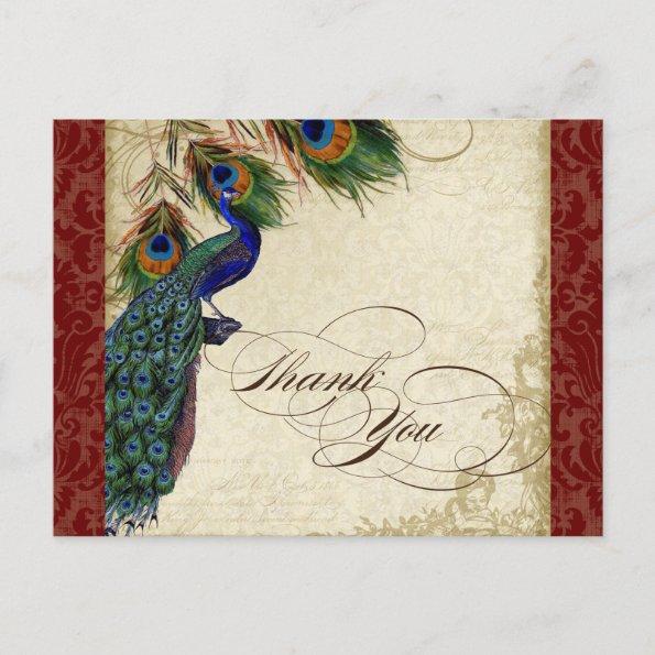 Peacock & Feather Formal Thank You Note Burgundy PostInvitations