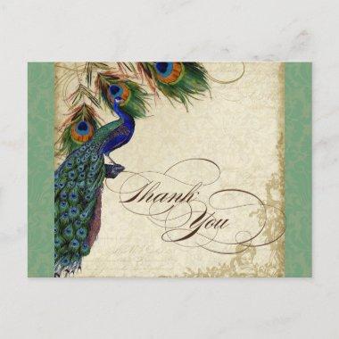 Peacock & Feather Formal Thank You Note Green Tan PostInvitations