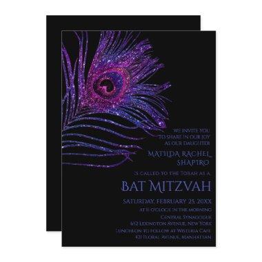 Peacock Feather Glitter Purple Bat Mitzvah Logo Invitations