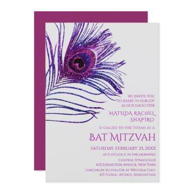 Peacock Feather Glitter Purple Bat Mitzvah Logo Invitations