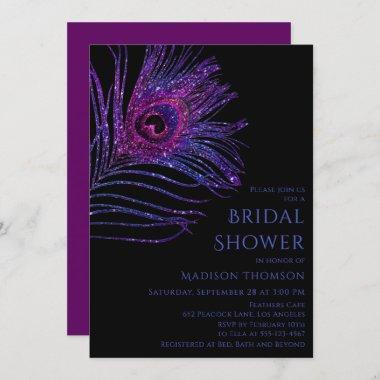 Peacock Feather Glitter Purple Bridal Shower Invit Invitations
