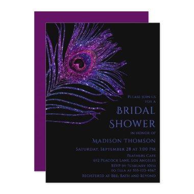 Peacock Feather Glitter Purple Bridal Shower Invit Invitations