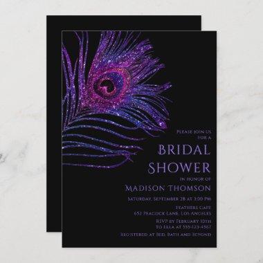 Peacock Feather Glitter Purple Bridal Shower Invit Invitations