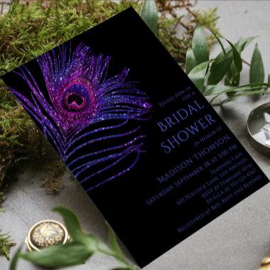 Peacock Feather Glitter Purple Bridal Shower Invitations