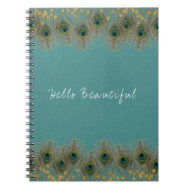 Peacock Feather & Gold Dots ANY COLOR Boho Chic Notebook