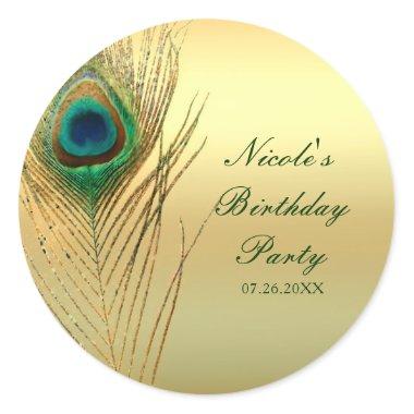 Peacock Feather Gold Exotic Boho Chic Custom Favor Classic Round Sticker