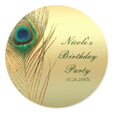 Peacock Feather Gold Exotic Boho Chic Custom Favor Classic Round Sticker