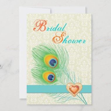Peacock feather jewel heart wedding bridal shower Invitations