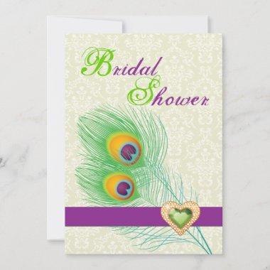 Peacock feather jewel heart wedding bridal shower Invitations