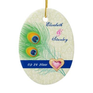 Peacock feather jewel heart wedding Save the Date Ceramic Ornament