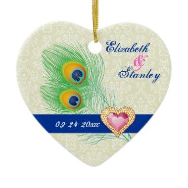 Peacock feather jewel heart wedding Save the Date Ceramic Ornament