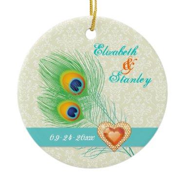 Peacock feather jewel heart wedding Save the Date Ceramic Ornament