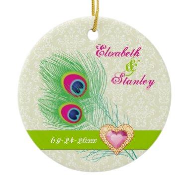 Peacock feather jewel heart wedding Save the Date Ceramic Ornament