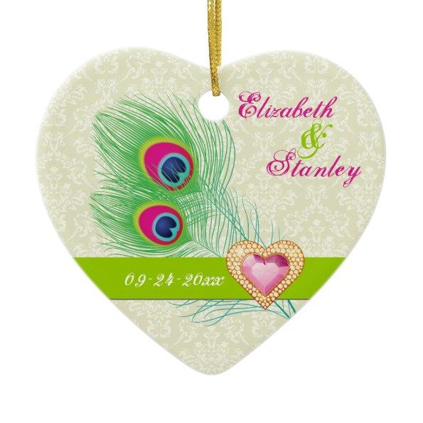 Peacock feather jewel heart wedding Save the Date Ceramic Ornament