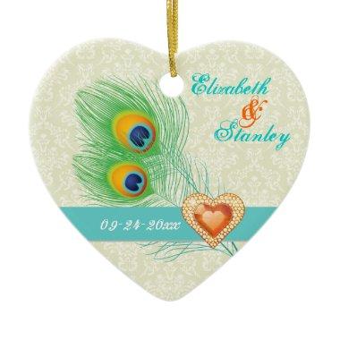 Peacock feather jewel heart wedding Save the Date Ceramic Ornament