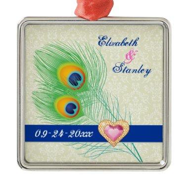 Peacock feather jewel heart wedding Save the Date Metal Ornament