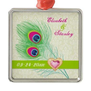 Peacock feather jewel heart wedding Save the Date Metal Ornament