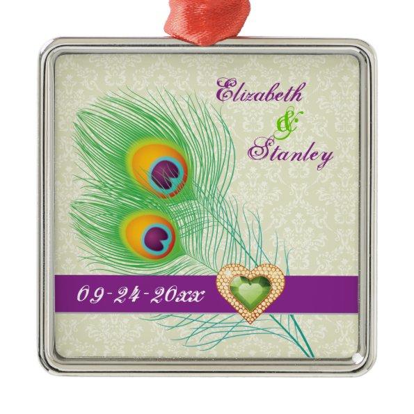 Peacock feather jewel heart wedding Save the Date Metal Ornament