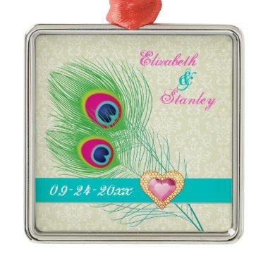 Peacock feather jewel heart wedding Save the Date Metal Ornament