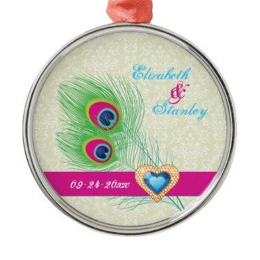 Peacock feather jewel heart wedding Save the Date Metal Ornament