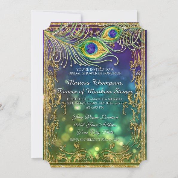 Peacock Feather Jewel Sparkle Gold Bridal Shower Invitations