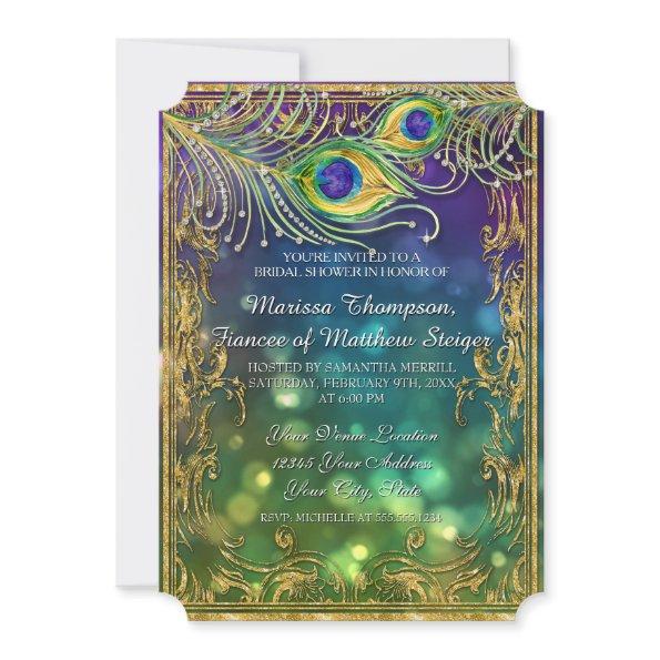 Peacock Feather Jewel Sparkle Gold Bridal Shower Invitations