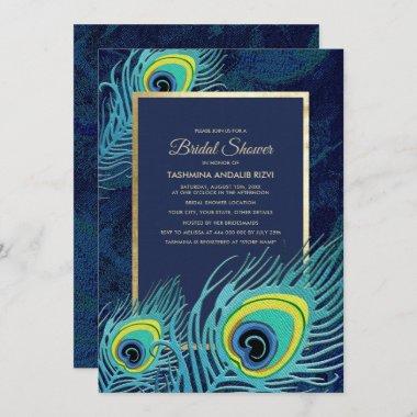 Peacock Feather Navy Blue Gold Bridal Shower Invitations