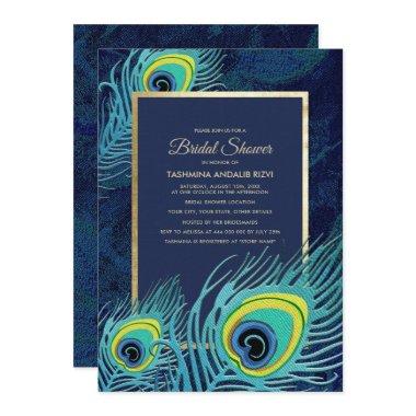 Peacock Feather Navy Blue Gold Bridal Shower Invitations