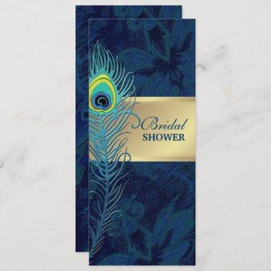 Peacock Feather Navy Blue Pattern Bridal Shower Invitations
