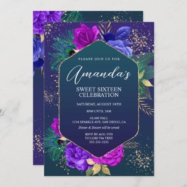 Peacock Feathers and Floral Birthday Invitations