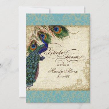 Peacock & Feathers Bridal Shower Invite Aqua Blue