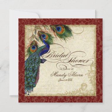 Peacock & Feathers Bridal Shower Invite Burgundy