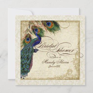 Peacock & Feathers Bridal Shower Invite Cream